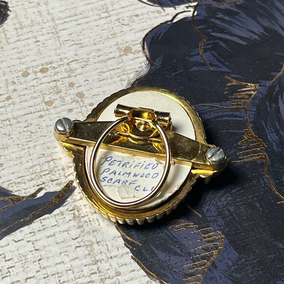 Vintage Gold Tone Petrified Wood Cabochon Stone Scarf Clip - Picture 4 of 7